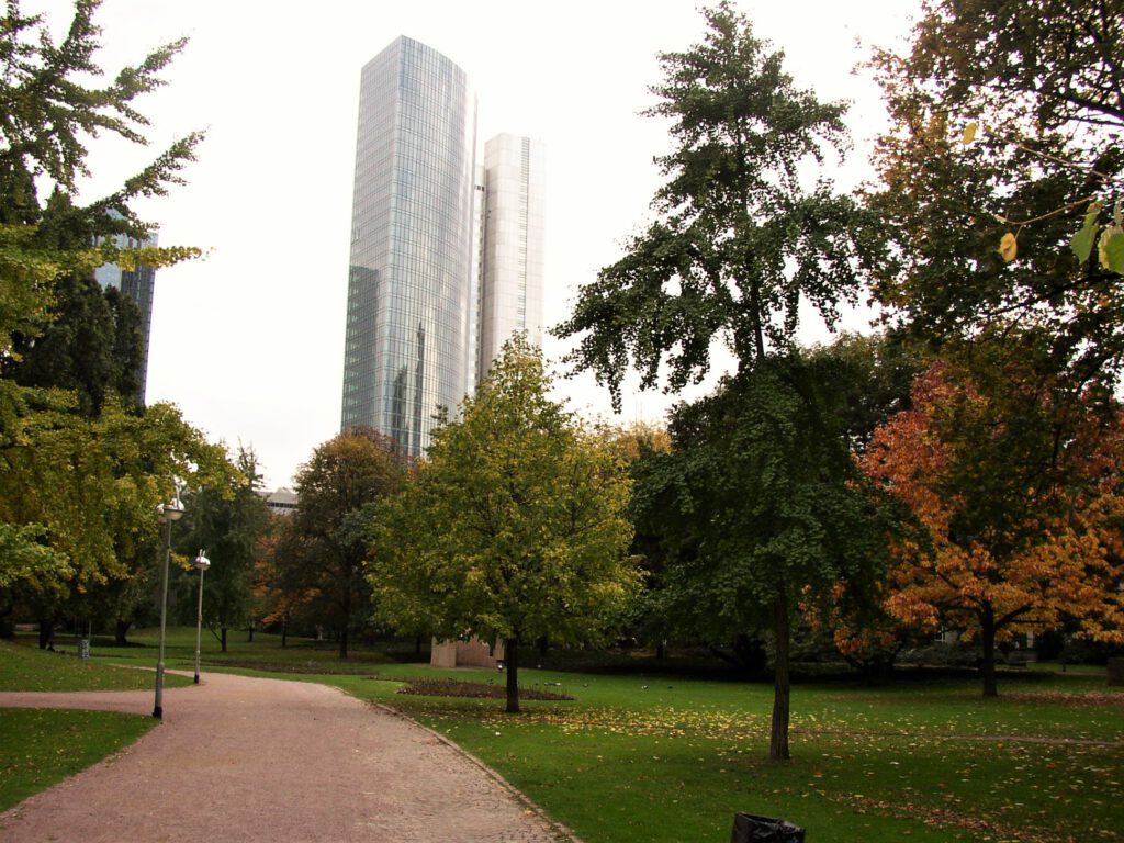 A view of Frankfurt skyscrapers from one of the many green spaces in downtown.