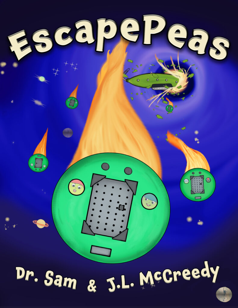 Book cover of EscapePeas showing pea-shaped escape pods flying from a black hole in outerspace
